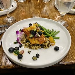 Catch of the day. Blackened grouper over wild rice with green beans, blueberries, mango. Yum!!! Catch of the day. Blackened grouper over wild rice with green beans, blueberries, mango. Yum!!!