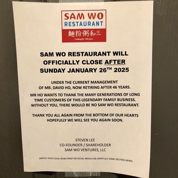 Sam Wo Restaurant - Notice of closure - Chinese Near Me - San Francisco, California Sam Wo Restaurant - Notice of closure - Chinese Near Me - San Francisco, California