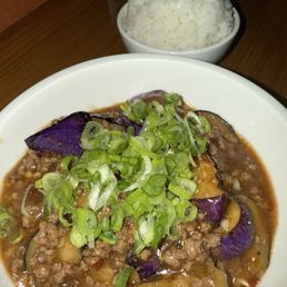 Eggplant with beef side order white rice