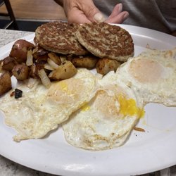 Dedham Diner - Scott special, three eggs, toast, home, fries, and sausage patties