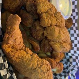Fried catfish, oysters, shrimp, with French fries