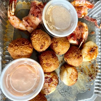 Half Shells Seafood Grill - Scallops, bacon wrapped shrimp and hush puppies $32 - Seafood Near Me - Plano, Texas Half Shells Seafood Grill - Scallops, bacon wrapped shrimp and hush puppies $32 - Seafood Near Me - Plano, Texas