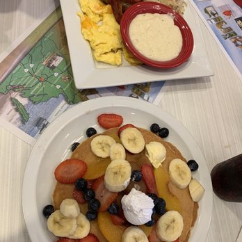 Not Another Pancake House - This was the sampler breakfast with fruit overload pancakes. Delicious!! - Breakfast & Brunch Near Me - Williamsburg, Virginia Not Another Pancake House - This was the sampler breakfast with fruit overload pancakes. Delicious!! - Breakfast & Brunch Near Me - Williamsburg, Virginia