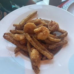 Fried shrimp and chips. Fried shrimp and chips.
