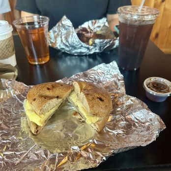 Bagel Caboose - The Canadian Tuxedo on the French toast bagel with syrup on the side and The Gold Rush on the poppyseed bagel - Bagels Near Me - Kittery, Maine
