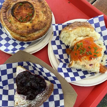 Bang Bang Pie & Biscuits - Tomato Pie, Smothered Biscuit, and slice of Lemon Bar with Blueberry Compote - Bakeries Near Me - Chicago, Illinois
