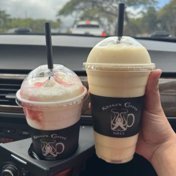 Kraken Coffee Maui - Kahului - Lava Flow Smoothie and a Mango (add Banana) Smoothie - Coffee & Tea Near Me - Kahului, Hawaii Kraken Coffee Maui - Kahului - Lava Flow Smoothie and a Mango (add Banana) Smoothie - Coffee & Tea Near Me - Kahului, Hawaii