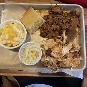 David Alan Alan's Smokehouse & Saloon - Two meat platter with pulled chicken, brisket, cornbread, coleslaw and a side of Mac and cheese - Smokehouse Near Me - Mukwonago, Wisconsin David Alan Alan's Smokehouse & Saloon - Two meat platter with pulled chicken, brisket, cornbread, coleslaw and a side of Mac and cheese - Smokehouse Near Me - Mukwonago, Wisconsin