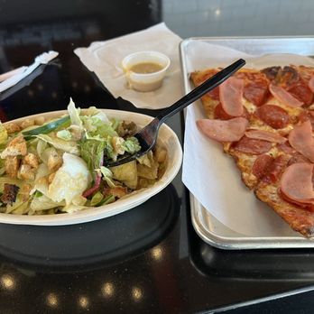 Dough Co Pizza - Side of House Vinaigrette, Small House Salad.  Pizza slice w/pepperoni and Canadian bacon. - Salad Near Me - Ankeny, Iowa