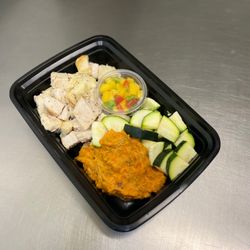 Fit Kitchen Meal Prep - Lemon pepper chicken, sweet potato mash zucchini, mango salsa
