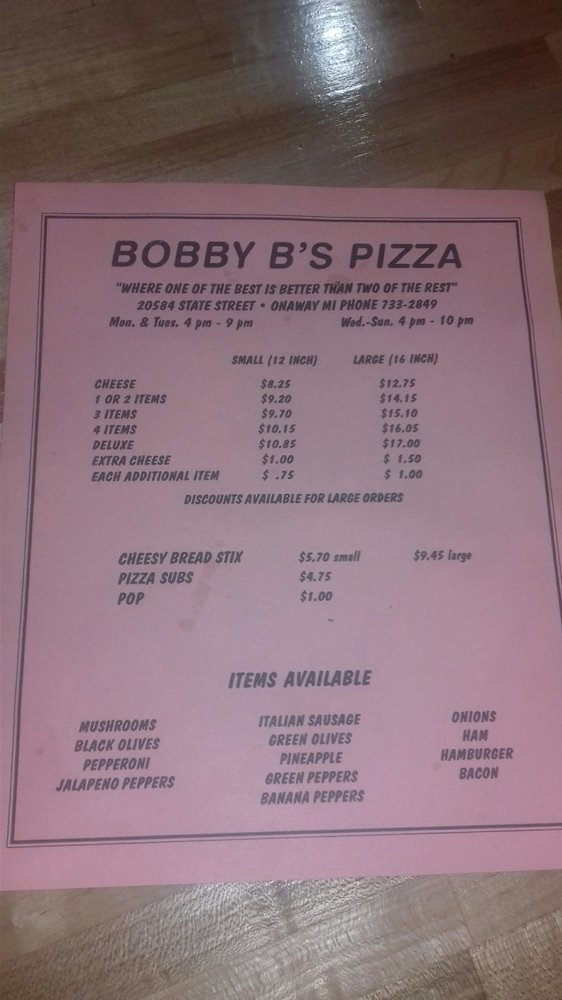 Bobby B’s Pizza Pizza 20584 State St, Onaway, MI Restaurant