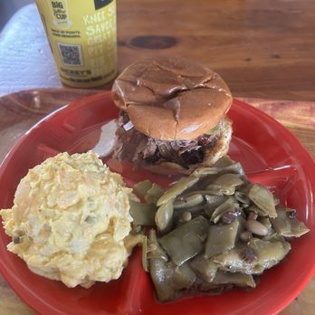Dickey's Barbecue Pit - Sliced BBQ sandwich plate with potato salad and green beans. - Barbeque Near Me - Bedford, Texas