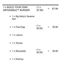 Price jump from April- impossible burger w cheese and fried egg from $10 to  now $19 (no fried egg option)