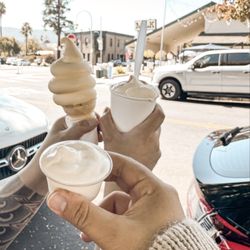Meadowlark Dairy - Pineapple on a cone, strawberry vanilla and a pup-cup