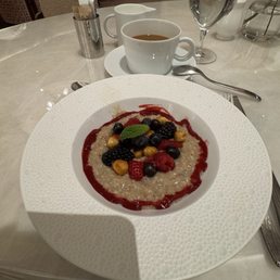 Gluten Free Oatmeal Fresh Berries, caramelized hazelnut, strawberry coulis Gluten Free Oatmeal Fresh Berries, caramelized hazelnut, strawberry coulis