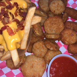 Appetizers! Cheese fries, fried pickles, and mozzarella sticks.