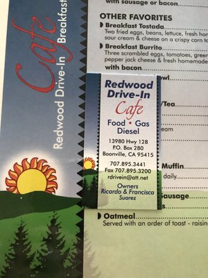 Menu photo 2 Redwood Drive-In Boonville, CA