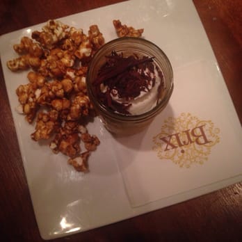 Brix - Butterscotch pots de creme with salted caramel popcorn - New American Near Me - Napa, California Brix - Butterscotch pots de creme with salted caramel popcorn - New American Near Me - Napa, California