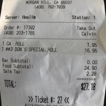 Sushi Nara - Receipt - Japanese Near Me - Morgan Hill, California Sushi Nara - Receipt - Japanese Near Me - Morgan Hill, California