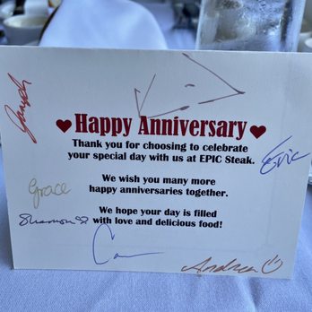 EPIC Steak - Got this nice card signed by all the staff for our anniversary - Steakhouses Near Me - San Francisco, California