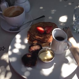 Strawberry oatmeal pancakes with housemade sausage Strawberry oatmeal pancakes with housemade sausage