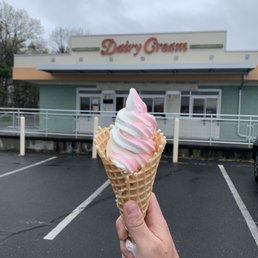 Strawberry/vanilla soft serve in a waffle cone that was still warm