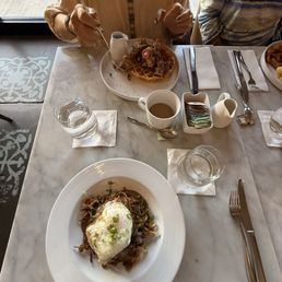 Braised short rib loco moco and chicken and waffles