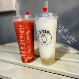 Strawberry Slush with rainbow jelly & Lychee Slush with crystal boba