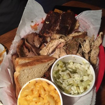 Porky's BBQ - Sampler platter with ribs, brisket, pulled chicken, vinegar slaw, mac and cheese, toast. - Barbeque Near Me - Paoli, Indiana Porky's BBQ - Sampler platter with ribs, brisket, pulled chicken, vinegar slaw, mac and cheese, toast. - Barbeque Near Me - Paoli, Indiana