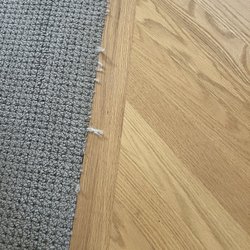 Carpetland - Frayed at seam with hardwood.