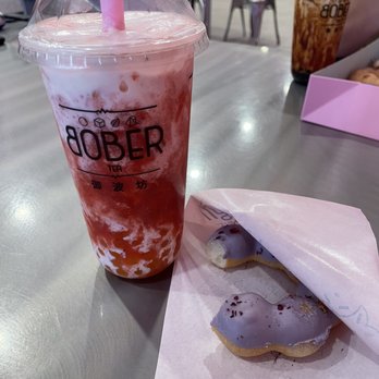 Bober Tea - Chizu strawberry green tea and plum and rose mocha doughnut - Donuts Near Me - Carmel, Indiana