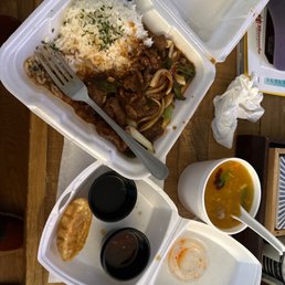 Mongolian with steak, Egg Drop Soup, and Potstickers (5). Mongolian with steak, Egg Drop Soup, and Potstickers (5).