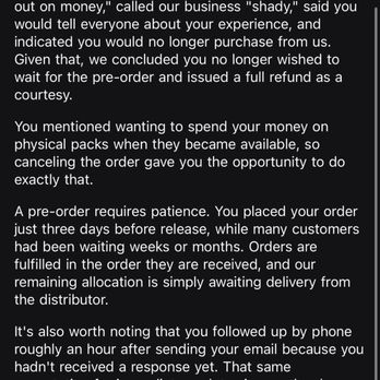 Lumius - Them belittling me saying I'm not patient enough and their final response and conclusion. - Hobby Shops Near Me - Brooklyn, New York