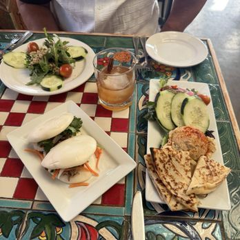Boulder Dushanbe Teahouse - Char Siu Bao Hummus Plate   Mediterranean Salad - Tea Rooms Near Me - Boulder, Colorado