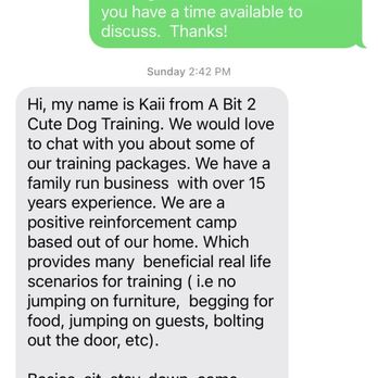 A Bit 2 Cute Dog Training - My initial text and their response - Pet Training Near Me
