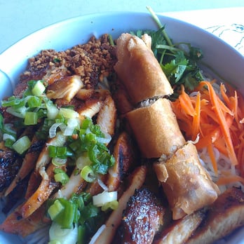 Rice Noodle - #51 Lemongrass Chicken w/ a Crispy Spring Roll over vermicelli noodles - Vietnamese Near Me - Sacramento, California