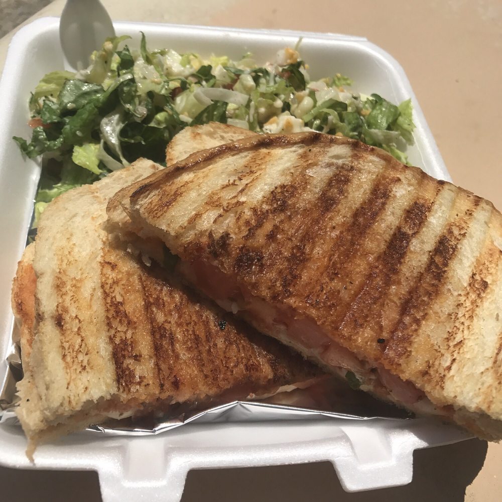Appu's Cafe - Appus Panini Sandwich - tomato, mozzarella and basil w/ complimentary salad. Pretty good! - Vegan Near Me - Long Beach, California Appu's Cafe - Appus Panini Sandwich - tomato, mozzarella and basil w/ complimentary salad. Pretty good! - Vegan Near Me - Long Beach, California