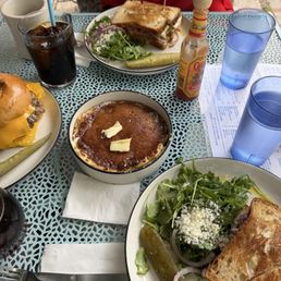 chicken club in the back classic tuna melt in the front pancakes in the middle chicken club in the back classic tuna melt in the front pancakes in the middle