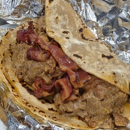 Chorizo, bean, bacon taco