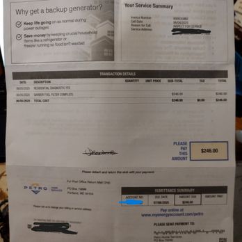 Petro Home Services - Bill for unauthorized work perform during contracted annual service. - Plumbing Near Me - Essex, Maryland