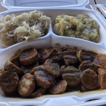 Harmon’s Deutsche Kuche - Currywurst with Potato salad and sauerkraut - German Near Me Harmon’s Deutsche Kuche - Currywurst with Potato salad and sauerkraut - German Near Me