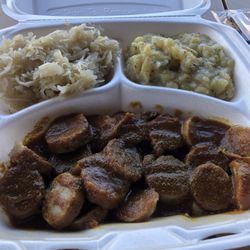 Harmon’s Deutsche Kuche - Currywurst with Potato salad and sauerkraut