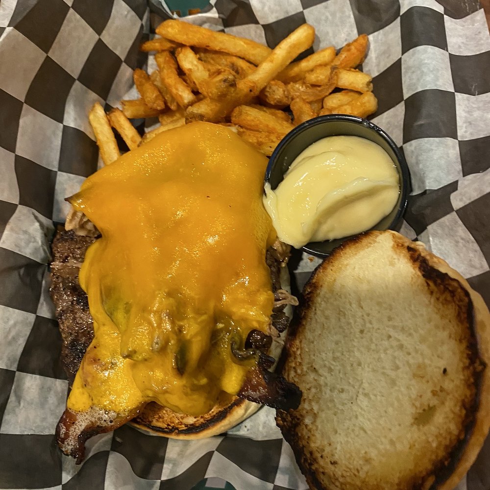 Jake's Place - Big Boy Burger with brisket and pulled pork on top of a perfectly made burger patty - Southern Near Me - Ashland, Virginia Jake's Place - Big Boy Burger with brisket and pulled pork on top of a perfectly made burger patty - Southern Near Me - Ashland, Virginia