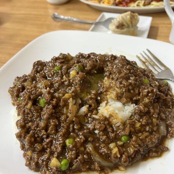 New Lun Ting Cafe - Meat sauce with raw egg over rice (I destroyed the egg before the pic) - Chinese Near Me - San Francisco, California