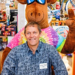 Owner of Cool As A Moose, Kip Stone with stuffed Hermie at Bar Harbor's 30th Anniversary celebration in 2016!