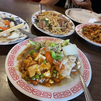 Great Village Chinese Restaurant - Rear (l-r): chicken chop suey, beef lo-mein, Ma Pa Do Fu. Front-center:  My dish. - Chinese Near Me - Tucson, Arizona