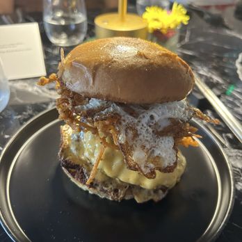 Choi's - Smash burger with enoki mushrooms and bacon jam - Wine Bars Near Me - San Diego, California Choi's - Smash burger with enoki mushrooms and bacon jam - Wine Bars Near Me - San Diego, California