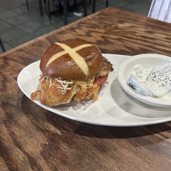 Palmetto Flats - Chicken Asiago sandwich with sour cream cucumber side. - Italian Near Me - Summerville, South Carolina Palmetto Flats - Chicken Asiago sandwich with sour cream cucumber side. - Italian Near Me - Summerville, South Carolina