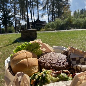 Great Bear Cafe - Buffalo burger with broccoli salad - Cafes Near Me - Hungry Horse, Montana