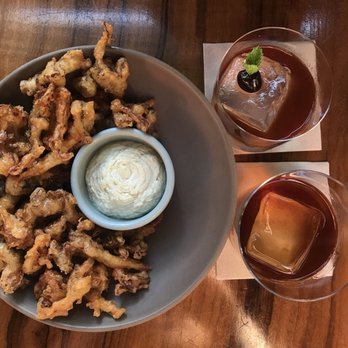 True Laurel - Crispy Hen of the Woods with some drinks. Love the dipping sauce. - Cocktail Bars Near Me - San Francisco, California True Laurel - Crispy Hen of the Woods with some drinks. Love the dipping sauce. - Cocktail Bars Near Me - San Francisco, California